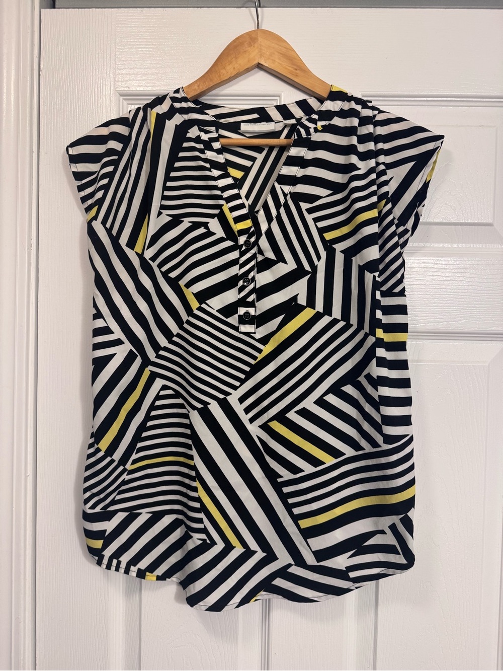 New York & Company Black, White & Yellow Striped V‑Neck Cap Sleeve Top